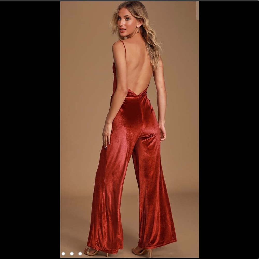 Lulu’s Rust Red Velvet Jumpsuit